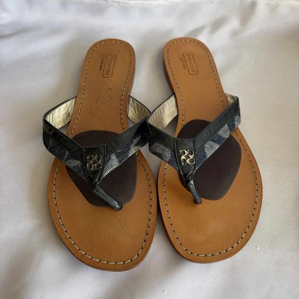 Coach Sydney Sandals Women Size 10 Blue White Signature Logo Flat Flip Flops